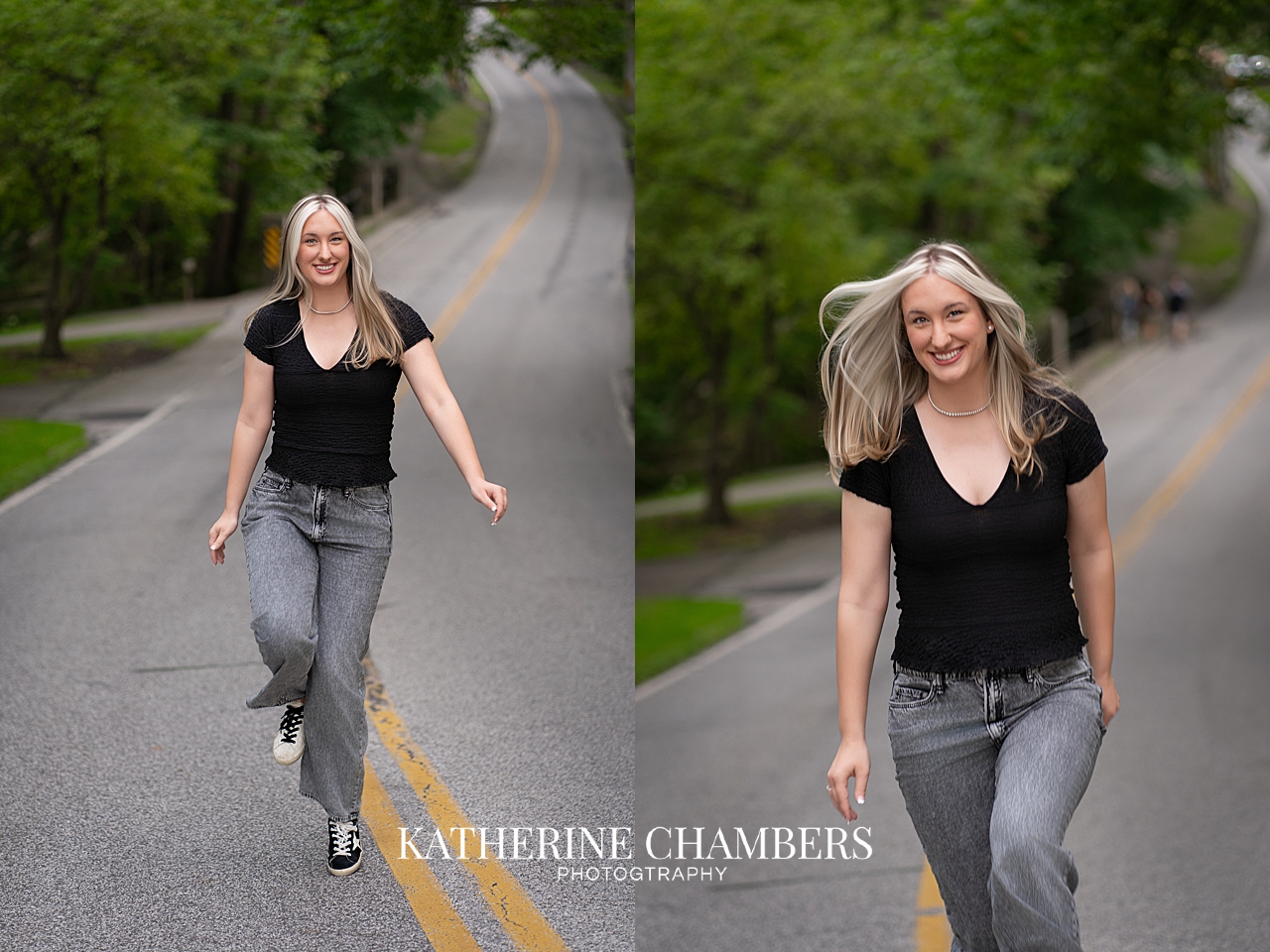 Candid senior portrait of Lizzy walking on the road