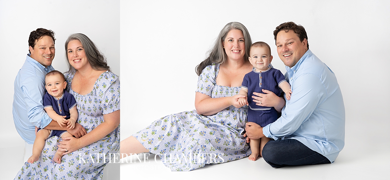 Family portrait from Elijah’s first birthday cake smash session in Cleveland with parents smiling together