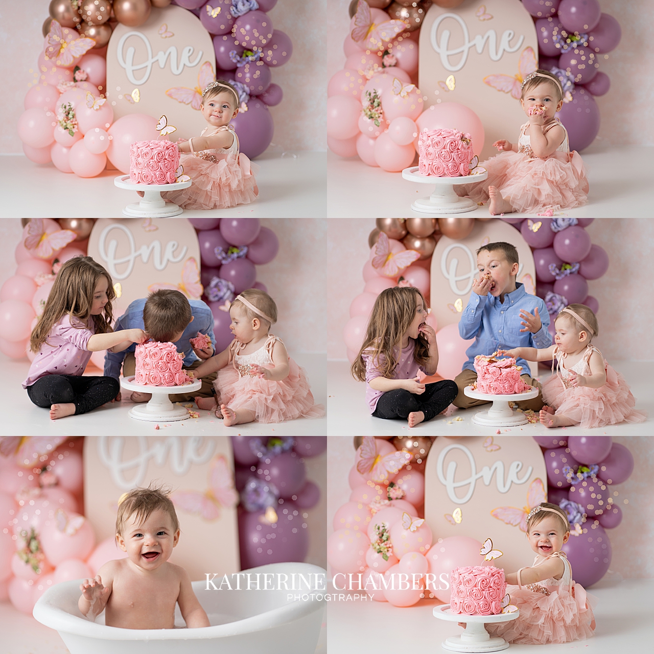 Sweet butterfly themed cake smash session for baby Ember featuring pastel balloons, sibling moments, and the cutest first birthday celebration in my Cleveland photography studio.