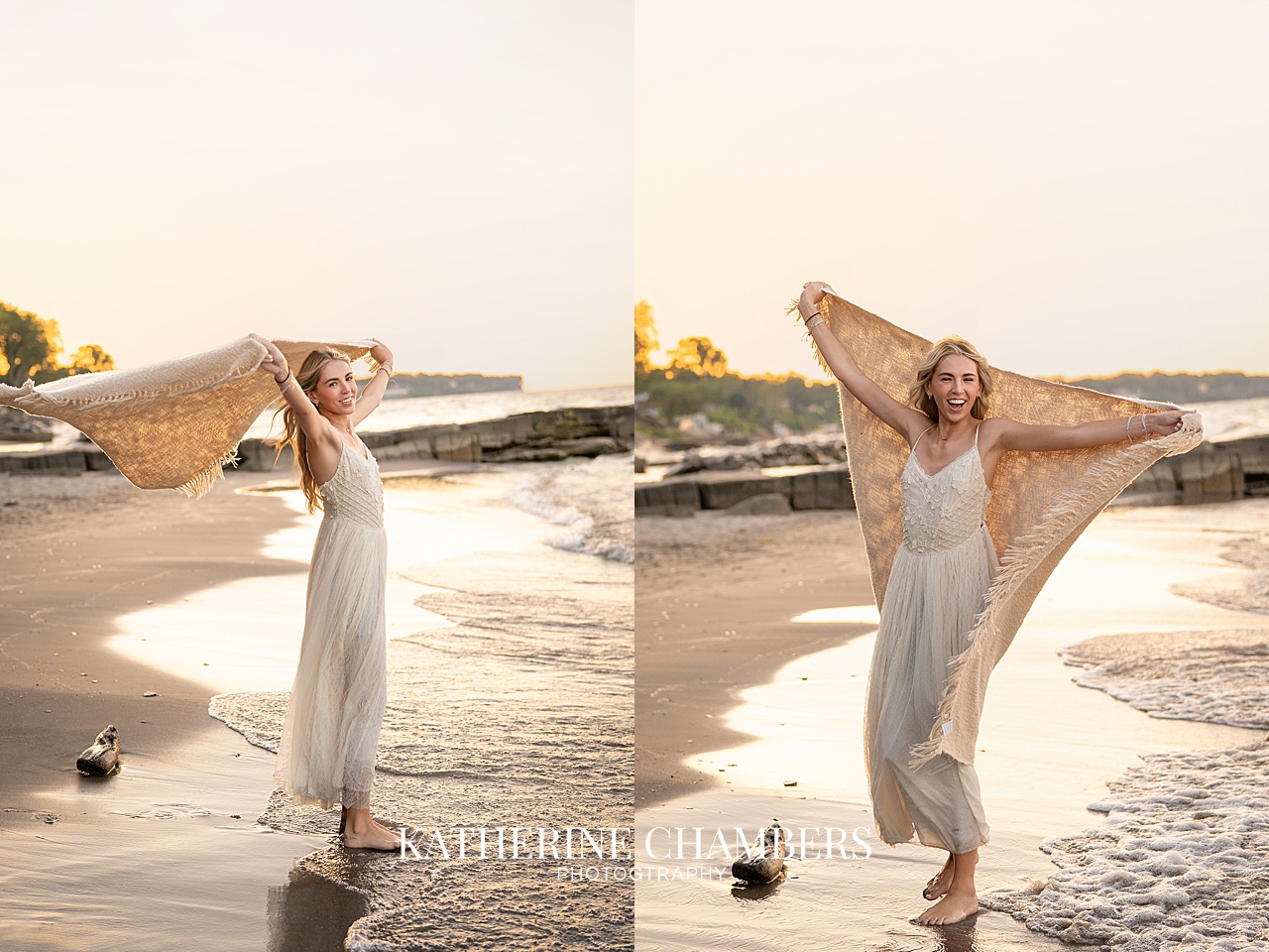 Windy beach senior session with flowing dress and sunset light