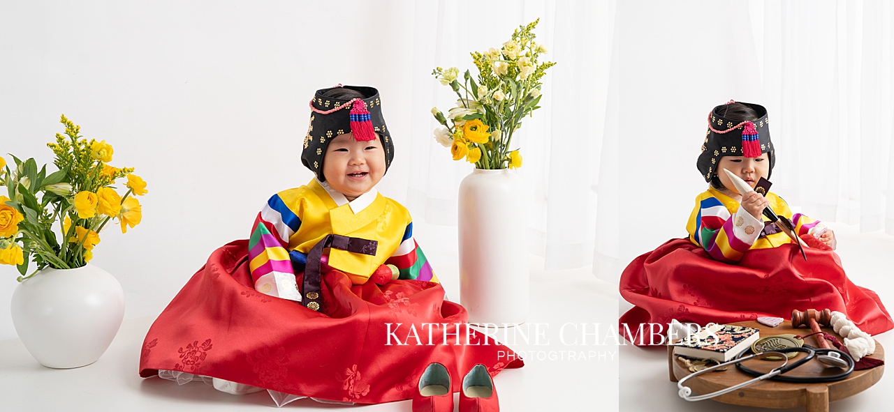 Korean doljabi setup with baby Seren choosing symbolic objects