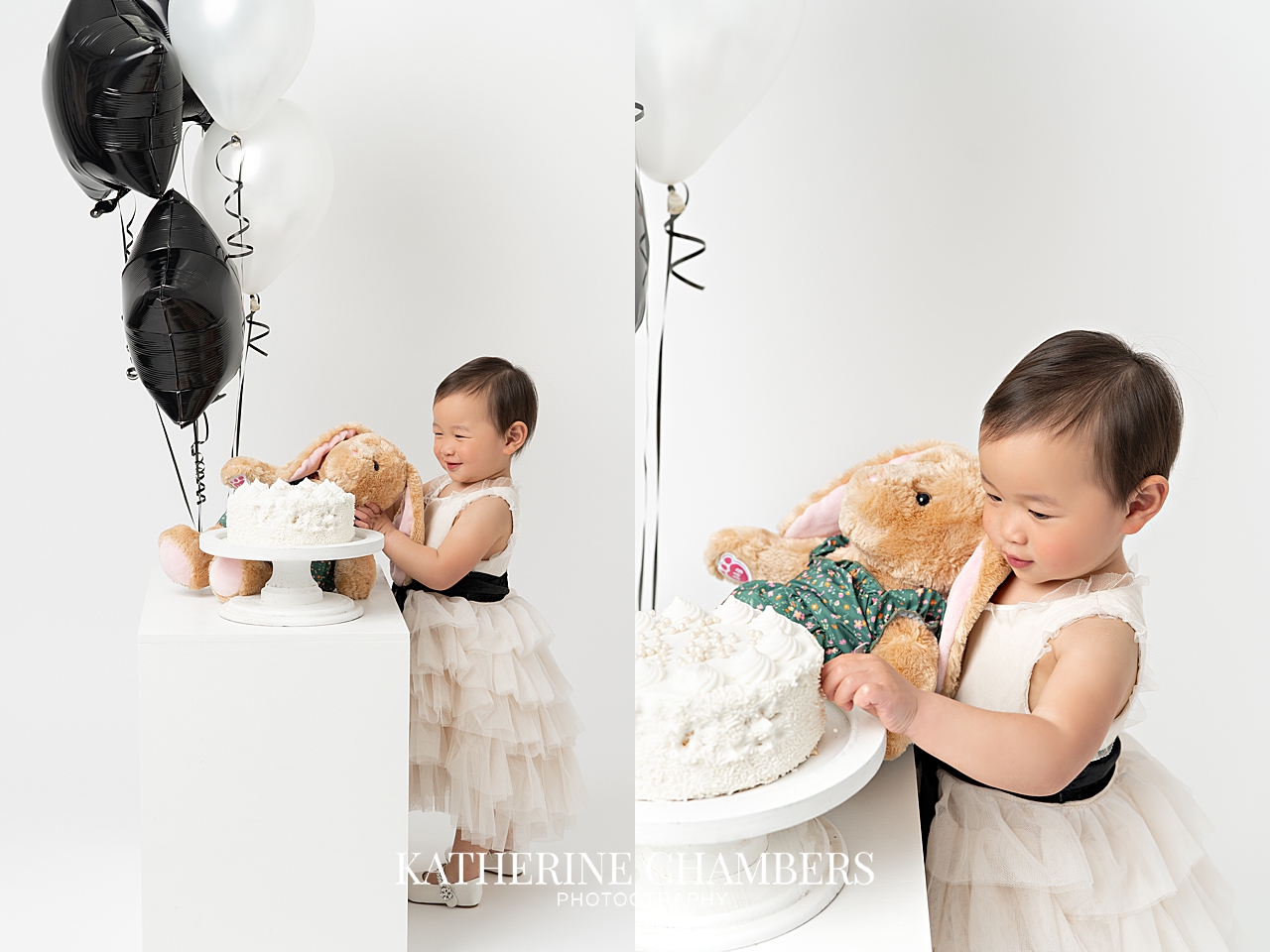Two-year-old girl Jade smiling during her birthday cake smash session with pink bow backdrop, black and white portraits, and stuffed bunny sharing cake in a Cleveland photography studio.