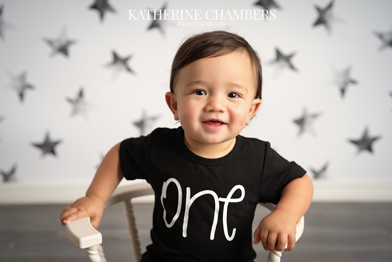 Baby boy celebrating his first birthday in a Cleveland photography studio