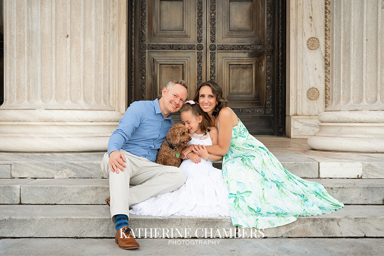 Family portrait at the Cleveland Museum of Art with their daughter Audrey and dog Henry, Audrey’s Family Photography Session at the Cleveland Museum of Art